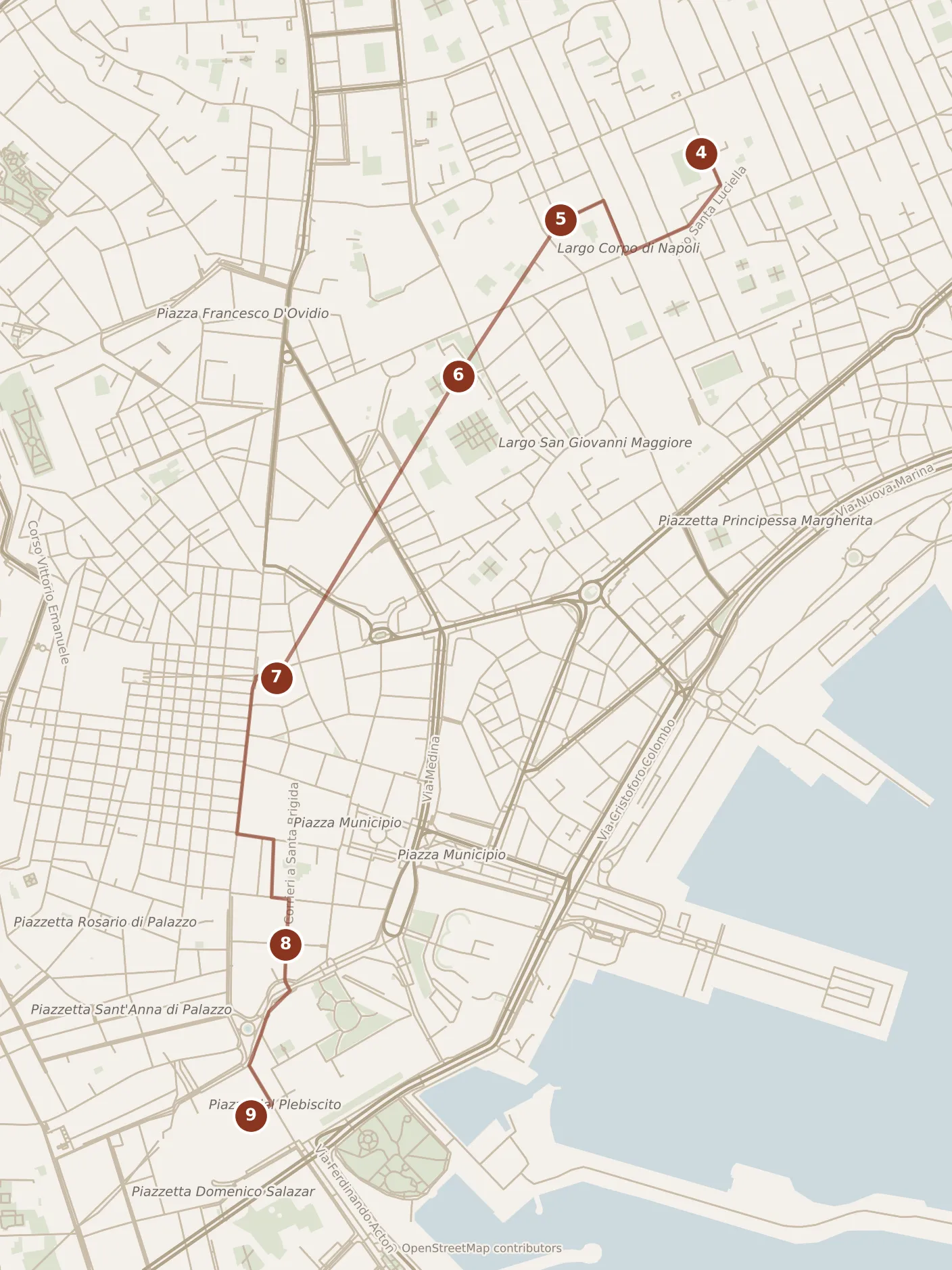 Map of Naples, afternoon: stops 4–9, numbered in walking order.