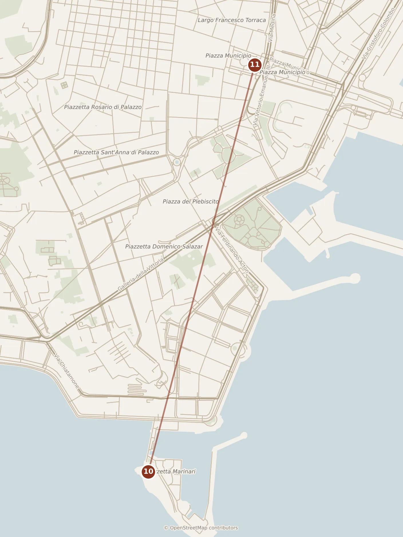 Map of Naples, evening: stops 10–11, numbered in walking order.