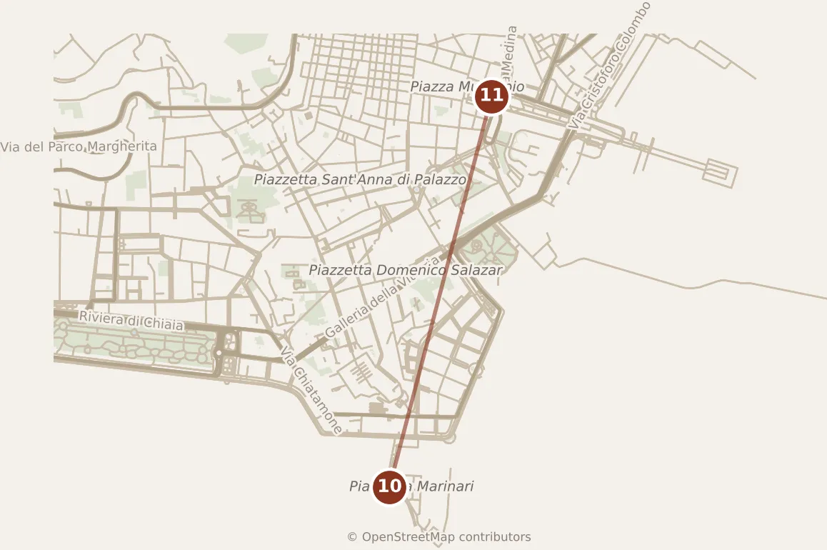 Map of Naples, evening: stops 10–11, numbered in walking order.