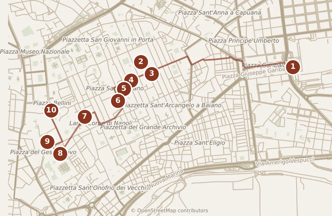 Map of Naples, day one: stops 1–10, numbered in walking order.