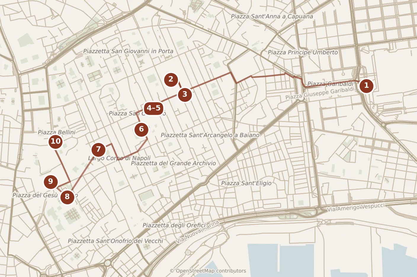 Map of Naples, day one: stops 1–10, numbered in walking order.