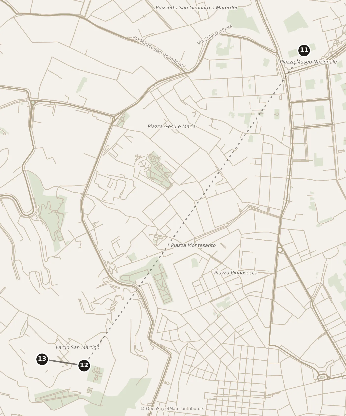 Map of Naples, morning and afternoon: stops 11–13, numbered in walking order.
