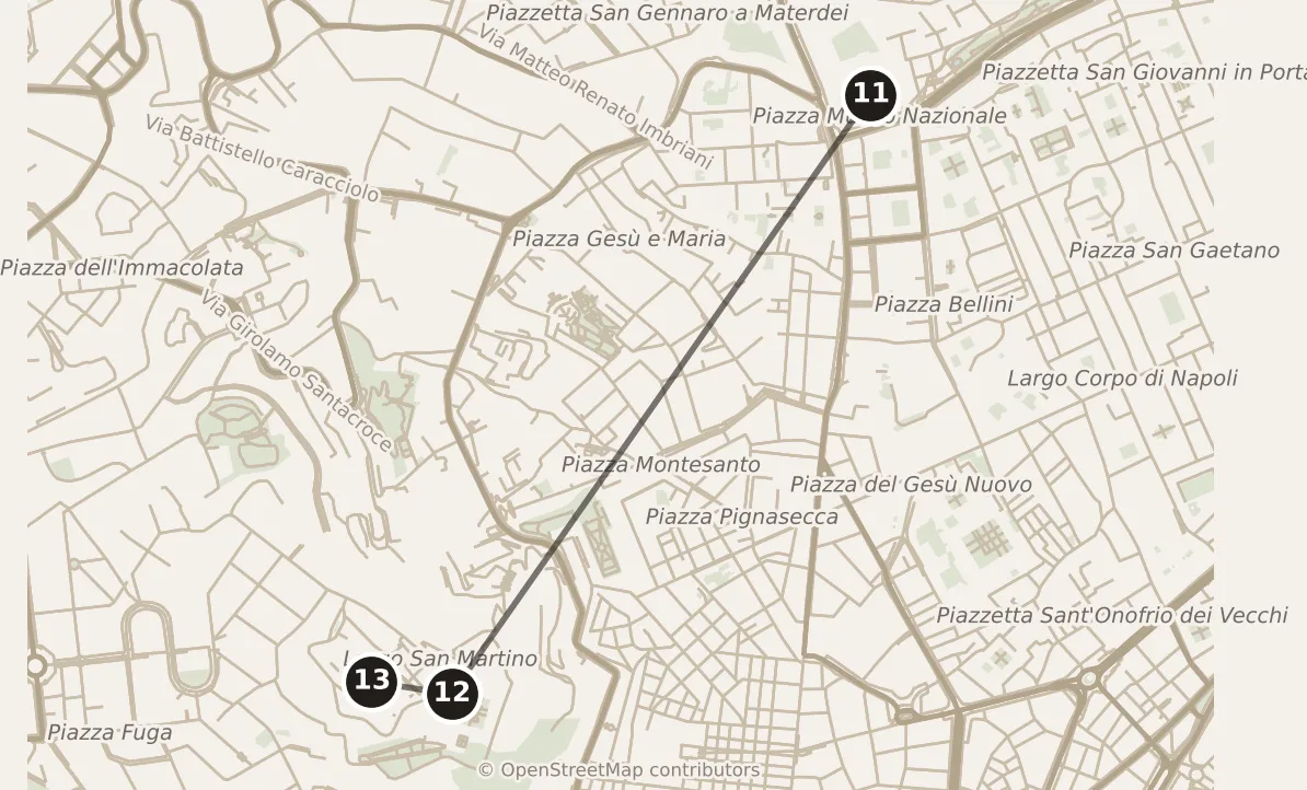 Map of Naples, morning and afternoon: stops 11–13, numbered in walking order.