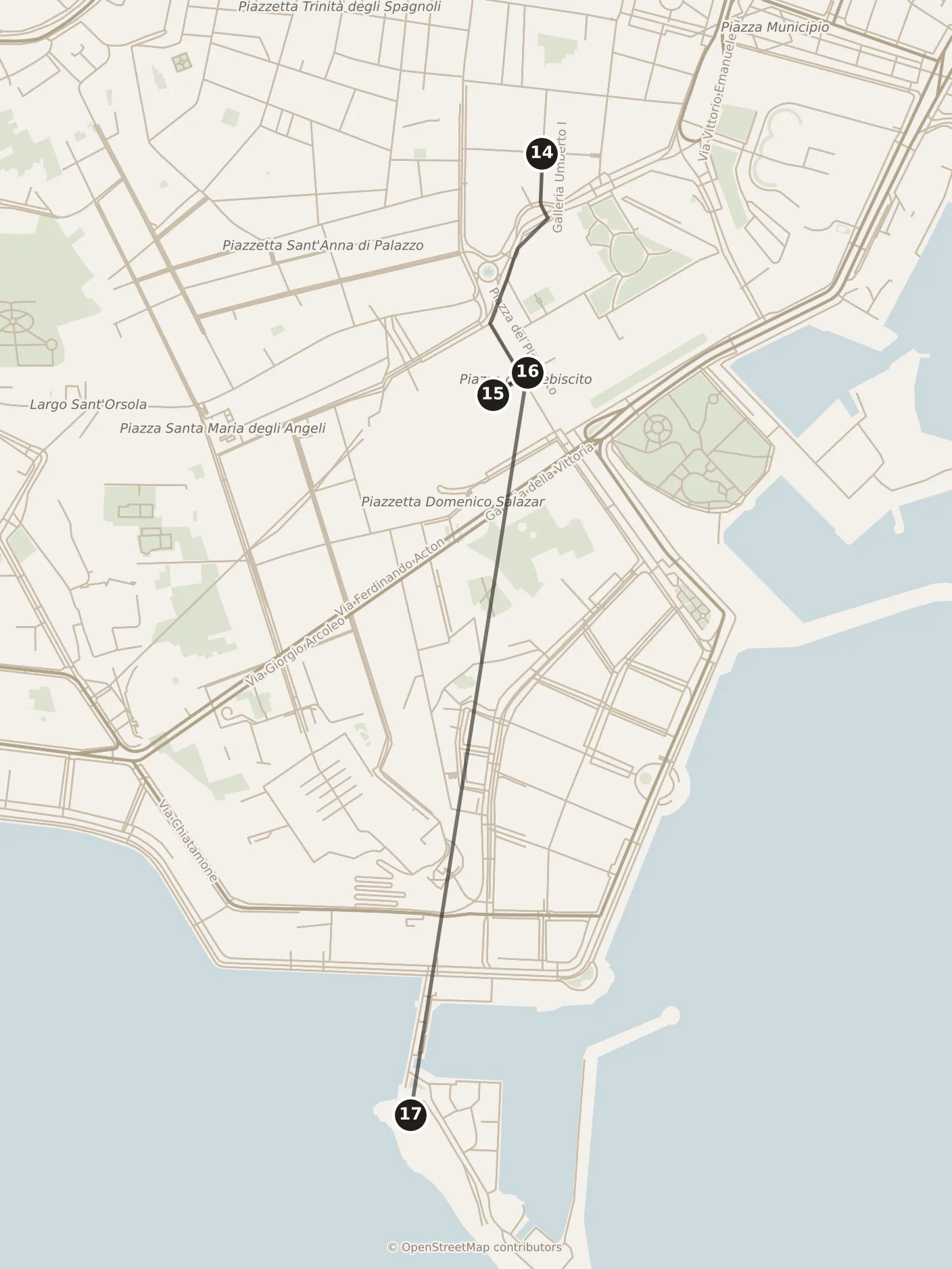 Map of Naples, evening: stops 14–17, numbered in walking order.