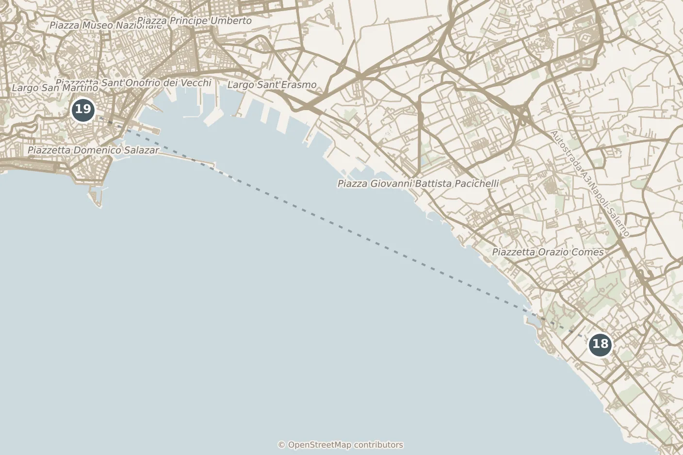 Map of Naples, with a third day: stops 18–19, numbered in walking order.