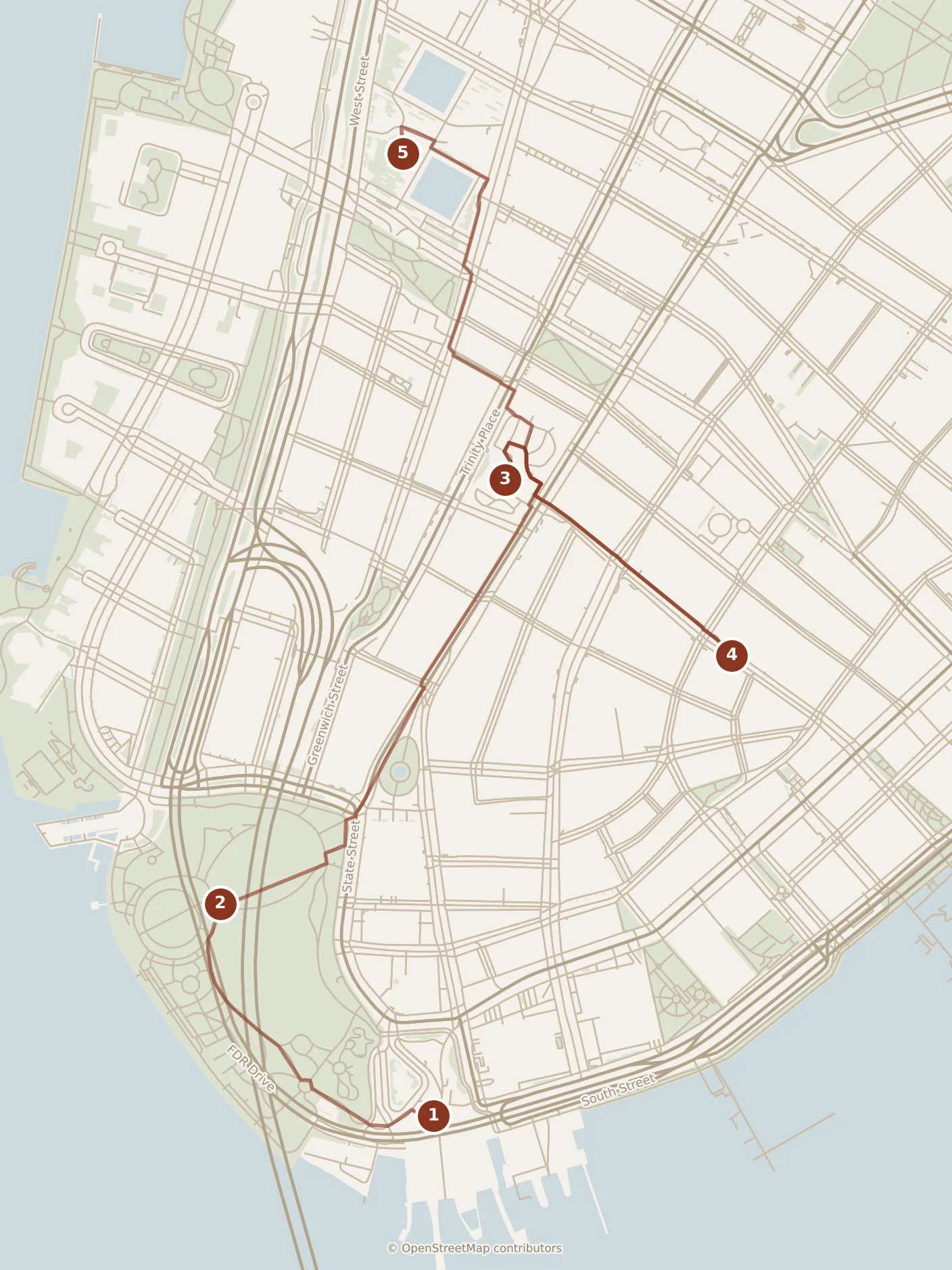 Map of New York City, morning and afternoon: stops 1–5, numbered in walking order.