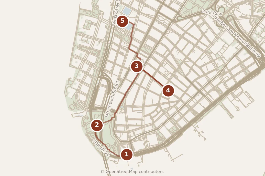 Map of New York City, morning and afternoon: stops 1–5, numbered in walking order.