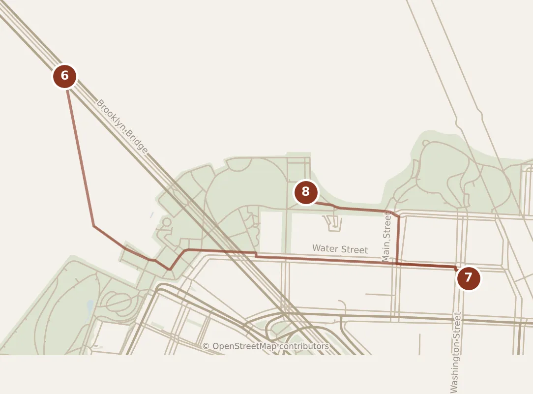 Map of New York City, evening: stops 6–8, numbered in walking order.