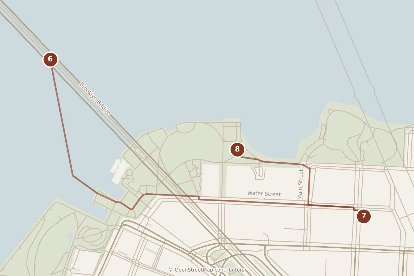 Map of New York City, evening: stops 6–8, numbered in walking order.