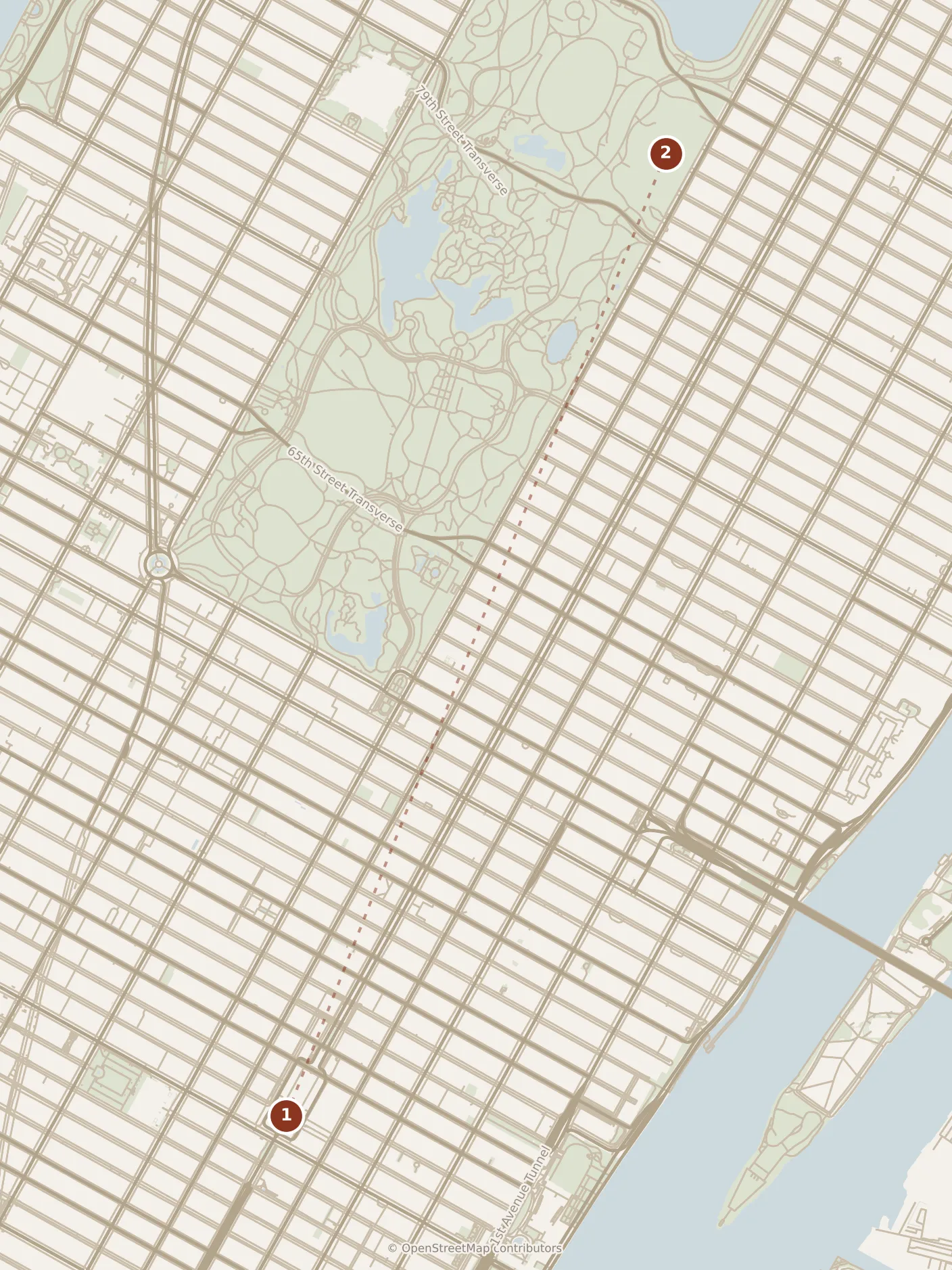 Map of New York City, morning: stops 1–2, numbered in walking order.