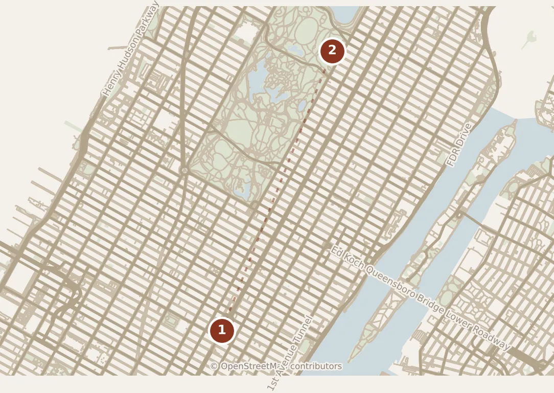 Map of New York City, morning: stops 1–2, numbered in walking order.