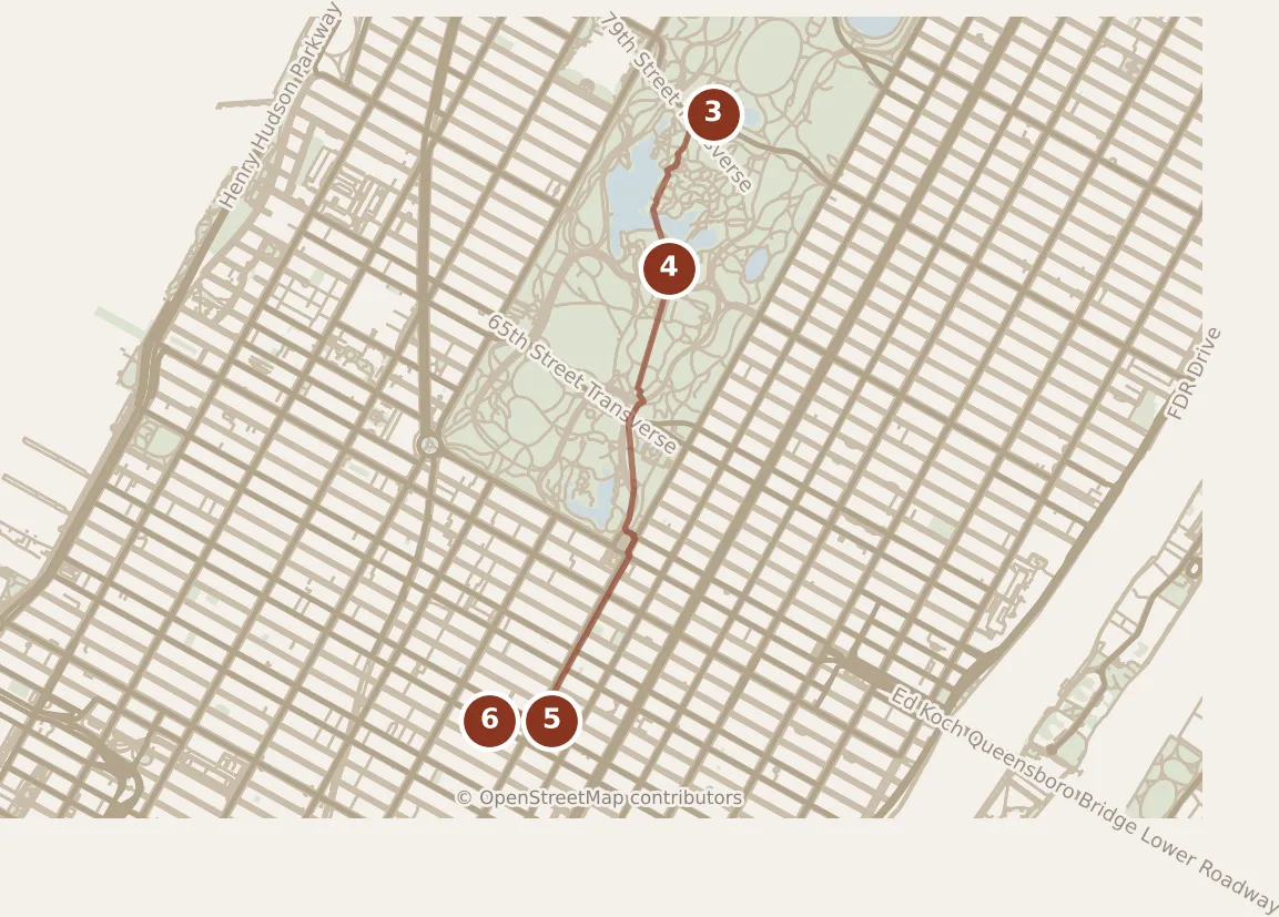 Map of New York City, afternoon: stops 3–6, numbered in walking order.