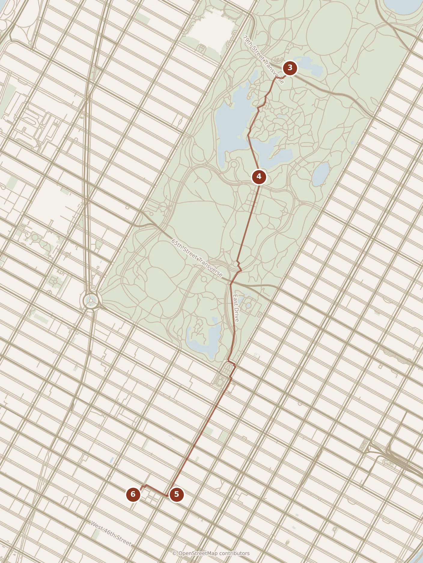Map of New York City, afternoon: stops 3–6, numbered in walking order.