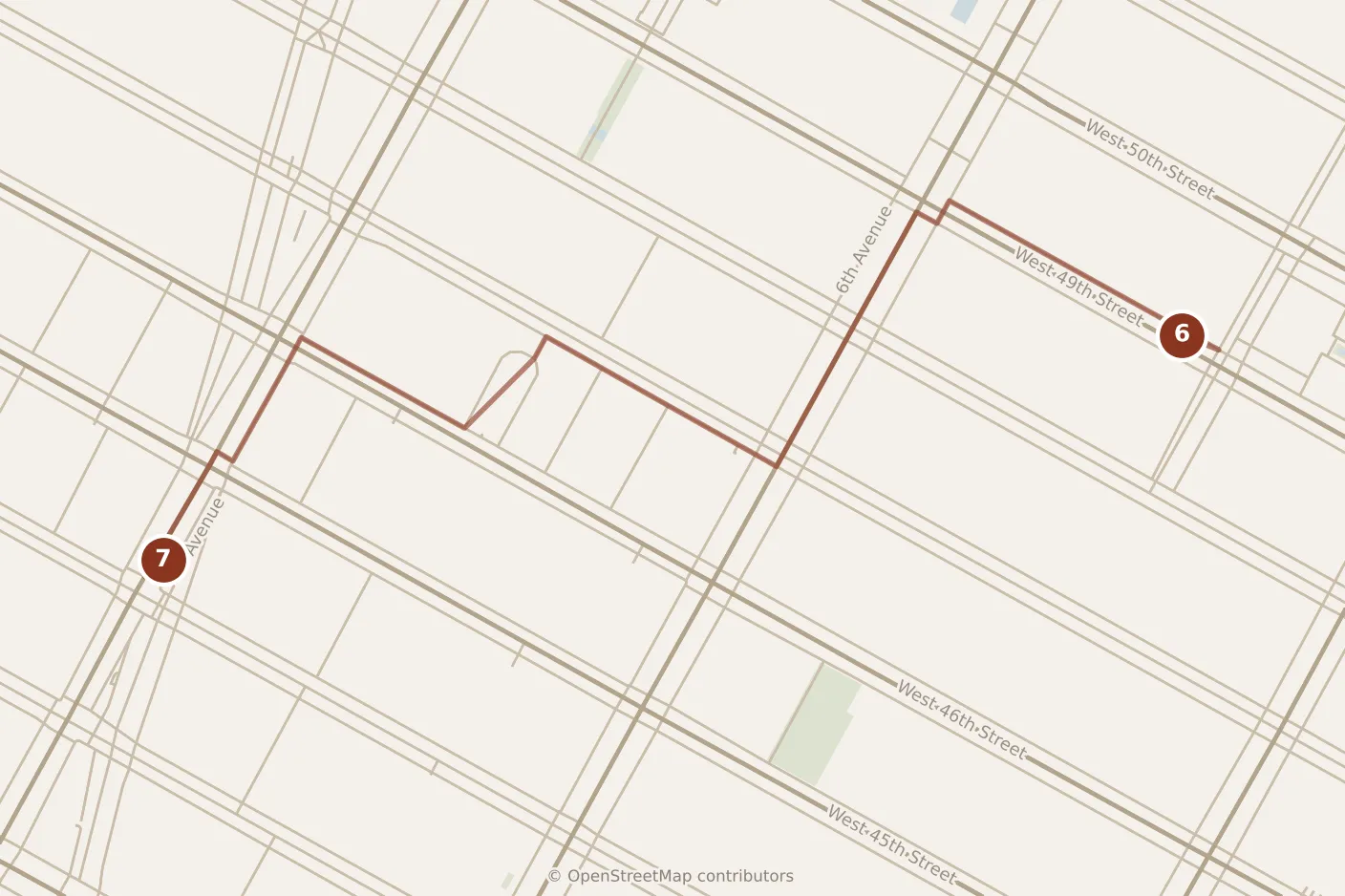 Map of New York City, evening: stop 7, numbered in walking order.
