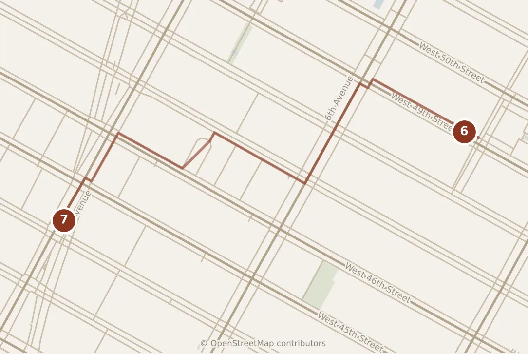 Map of New York City, evening: stop 7, numbered in walking order.