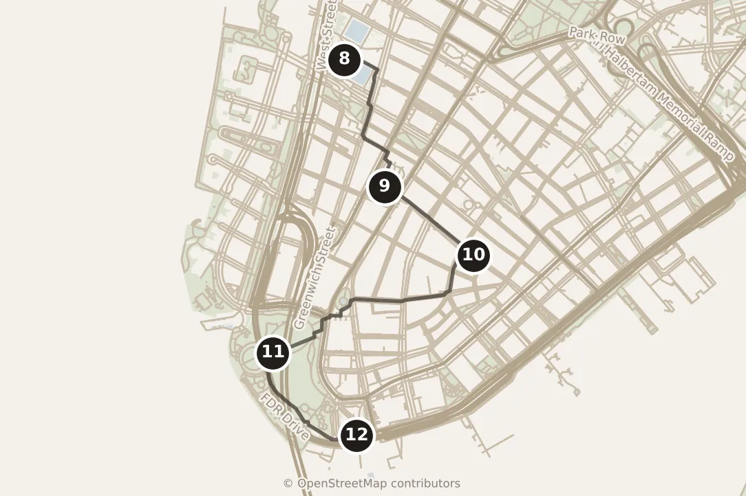 Map of New York City, morning and afternoon: stops 8–12, numbered in walking order.