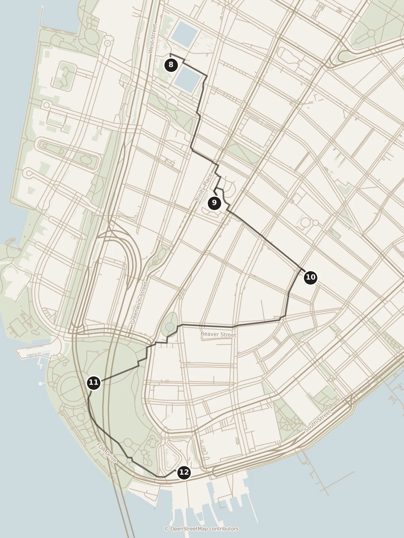 Map of New York City, morning and afternoon: stops 8–12, numbered in walking order.