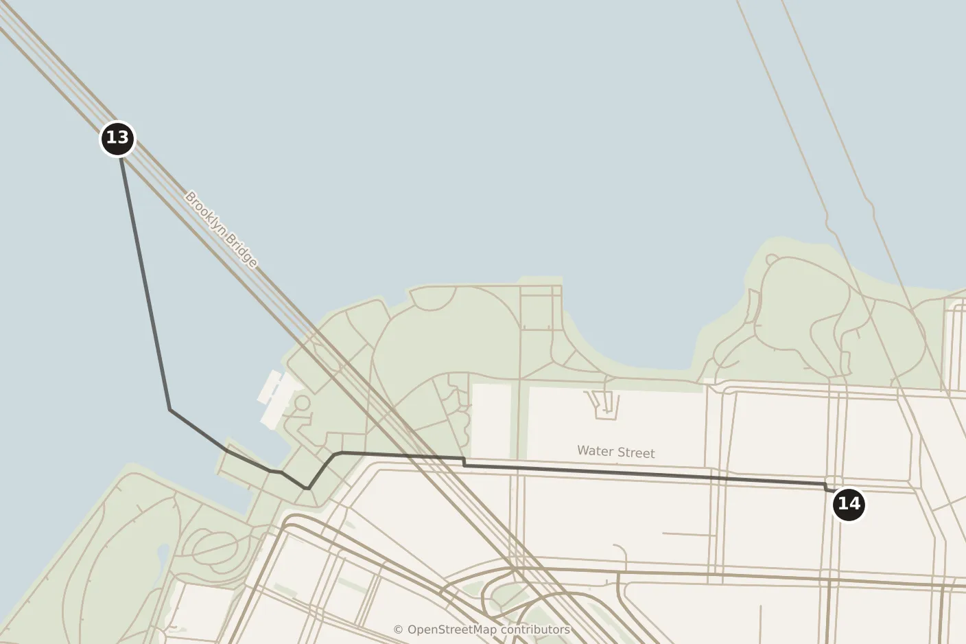 Map of New York City, evening: stops 13–14, numbered in walking order.