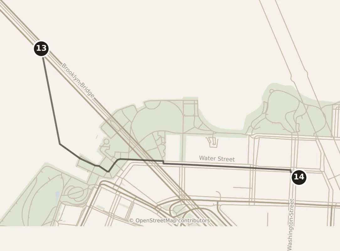 Map of New York City, evening: stops 13–14, numbered in walking order.