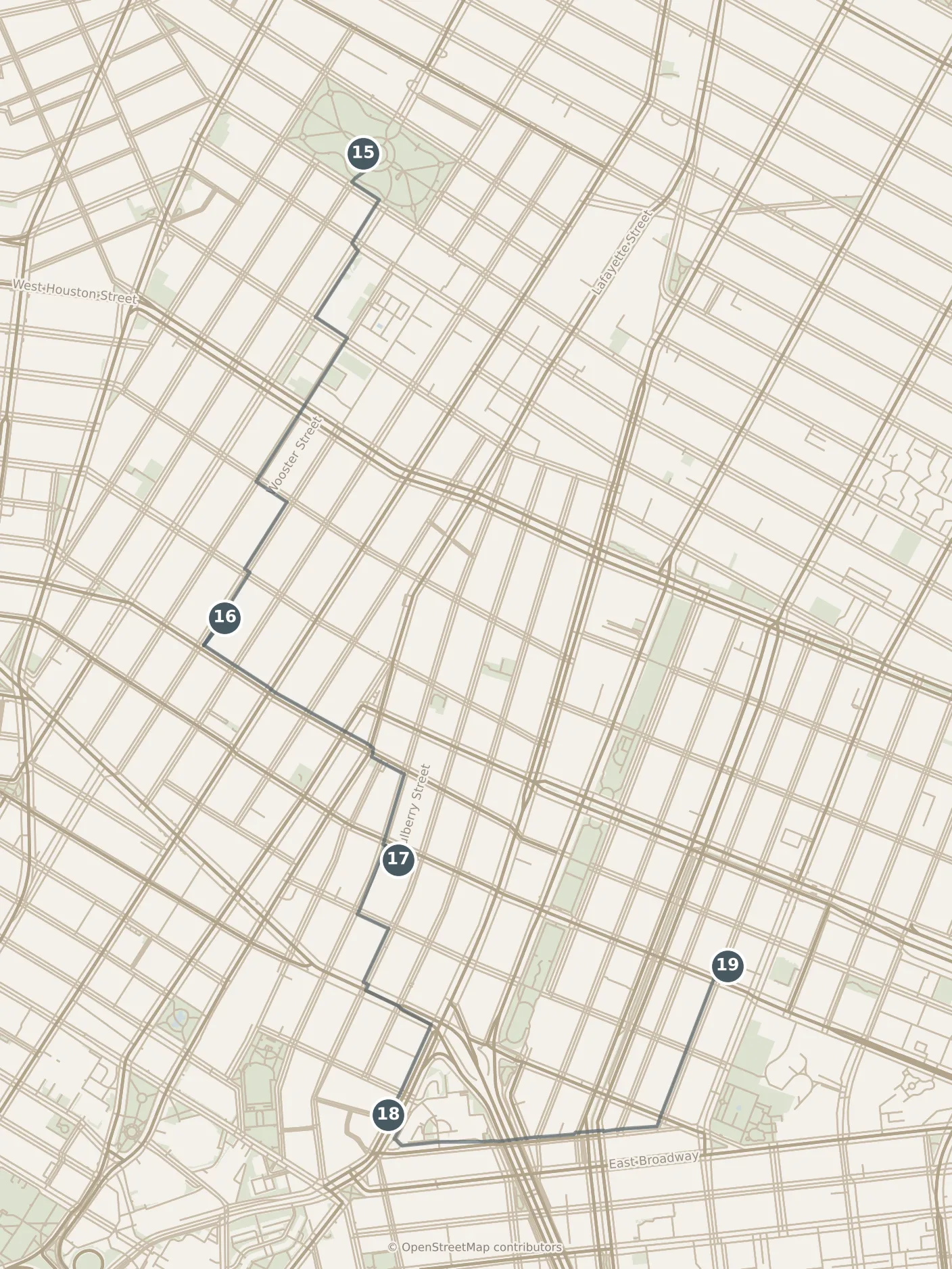 Map of New York City, with a third day: stops 15–19, numbered in walking order.