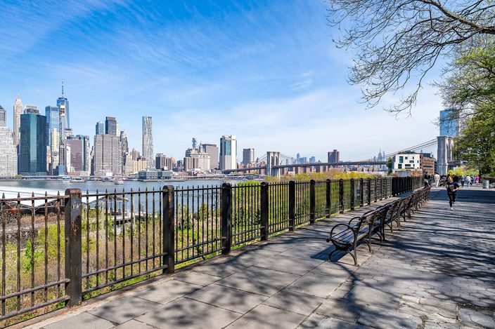 The Brooklyn Heights Promenade on a bright day: a raised walkway with benches and a railing, trees along it, and the whole Lower Manhattan skyline across the water behind.