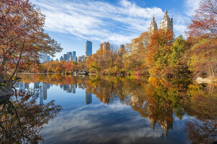 Central Park in autumn: a lake reflecting orange and yellow trees, with the towers of the Upper West Side rising behind the far shore under a blue sky.
