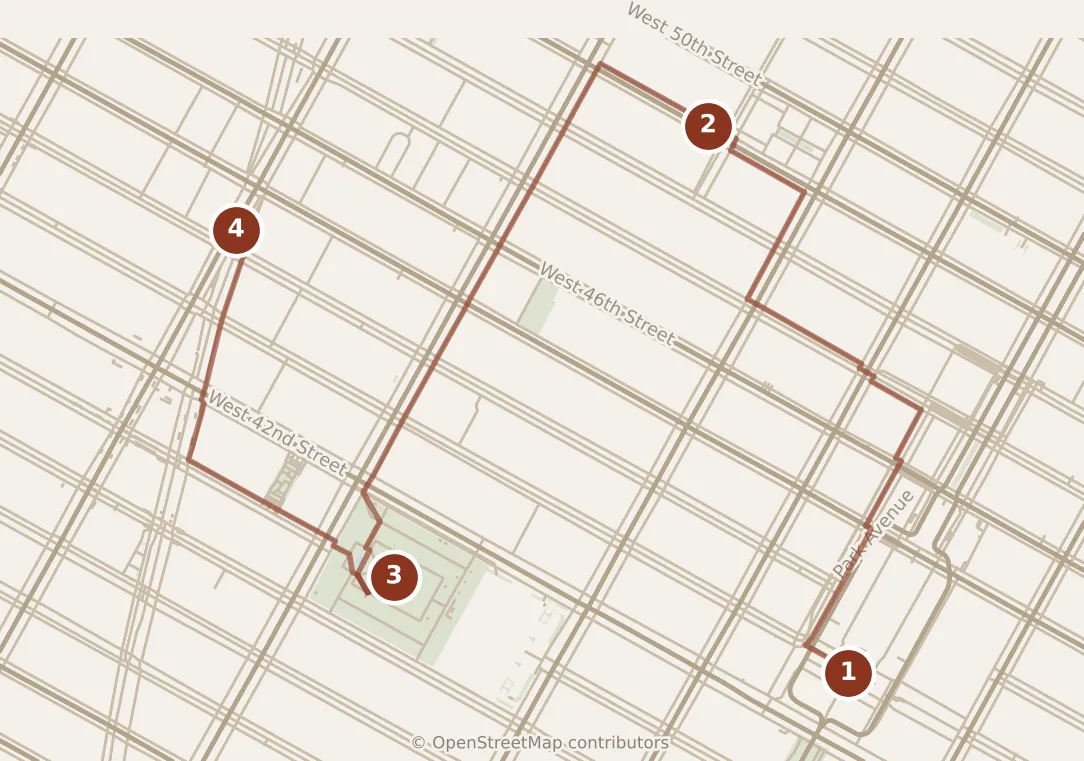 Map of New York City, day one: stops 1–4, numbered in walking order.