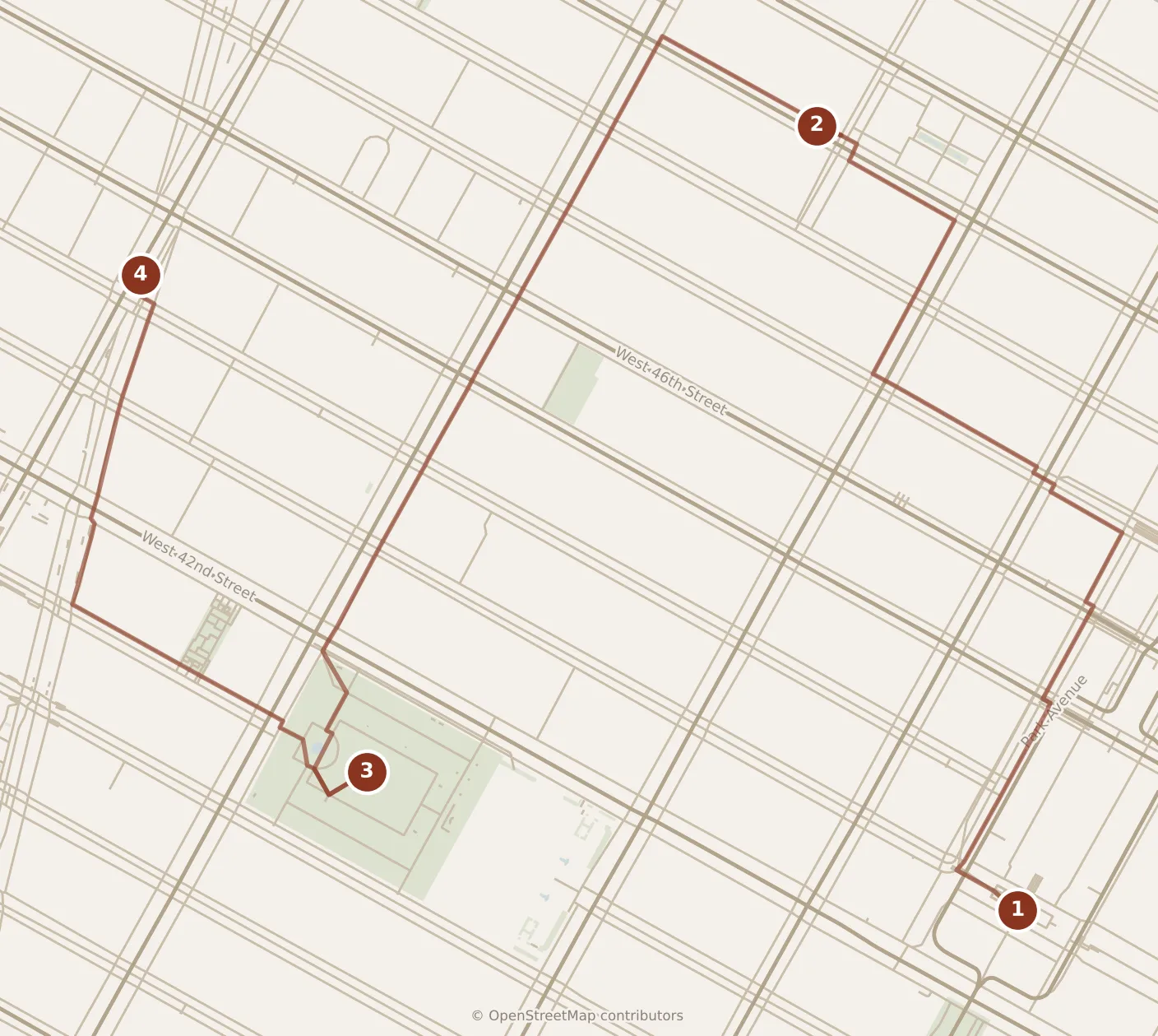 Map of New York City, day one: stops 1–4, numbered in walking order.