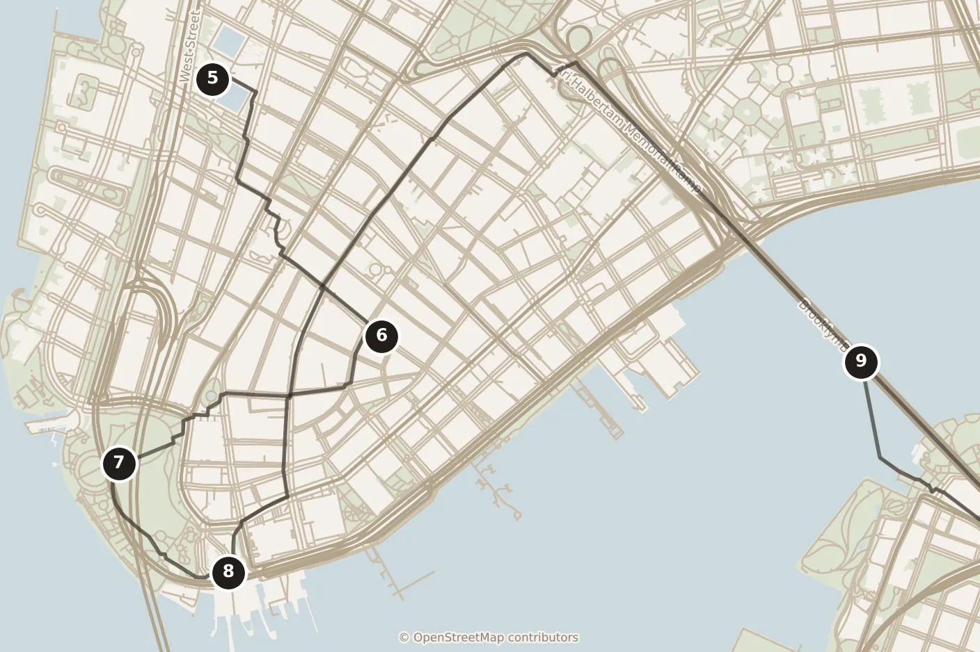 Map of New York City, day two: stops 5–9, numbered in walking order.
