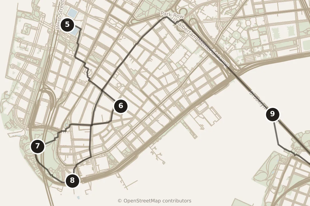Map of New York City, day two: stops 5–9, numbered in walking order.