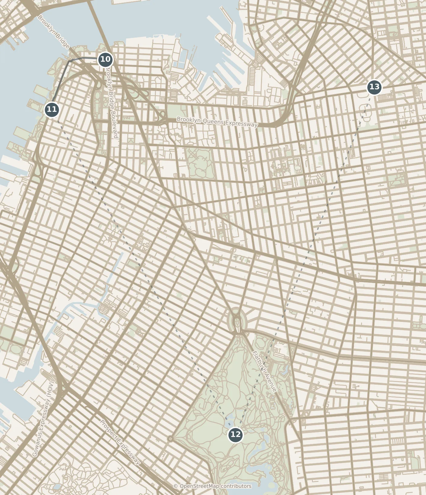 Map of New York City, day three: stops 10–13, numbered in walking order.
