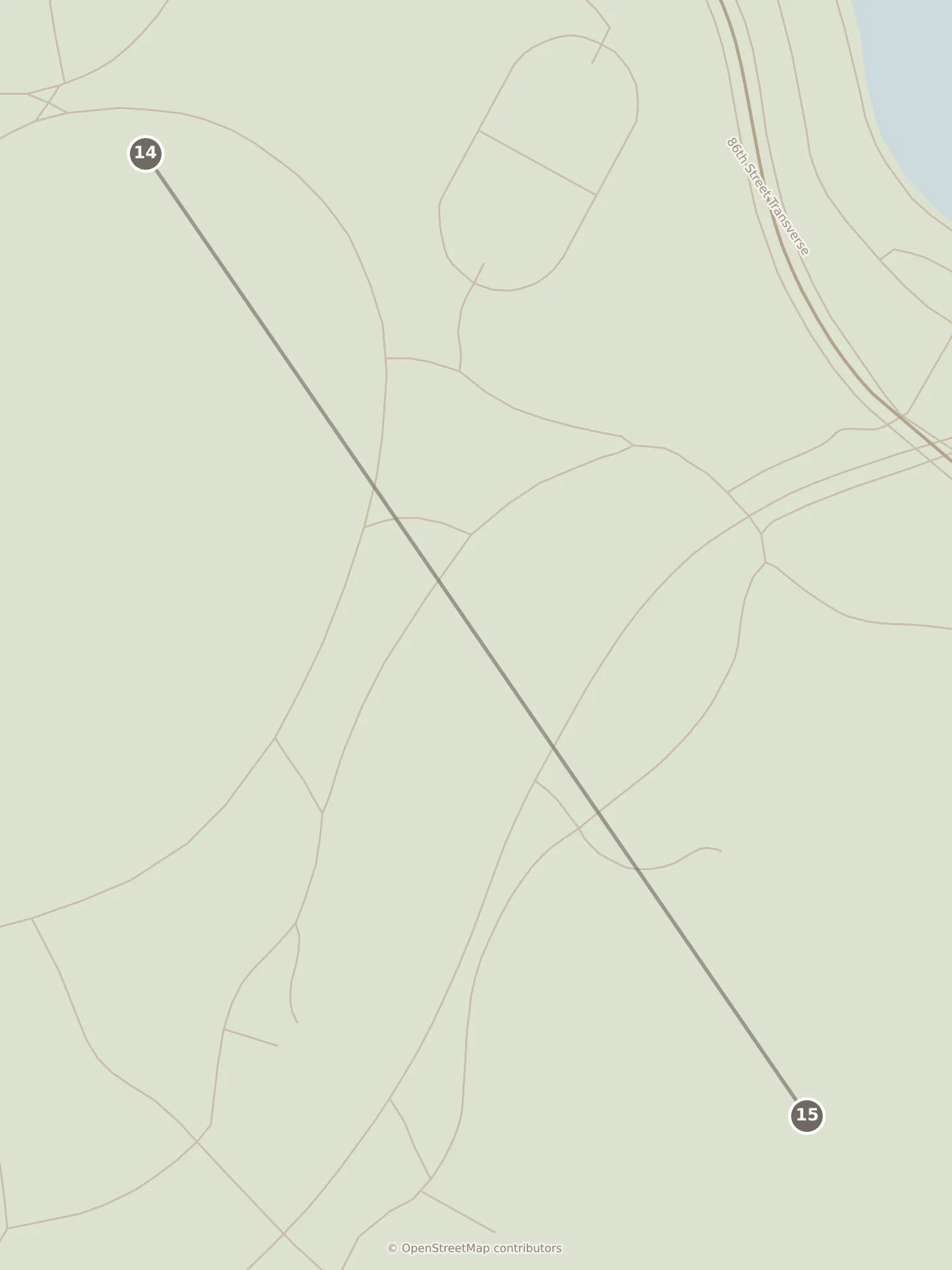 Map of New York City, day four: stops 14–15, numbered in walking order.