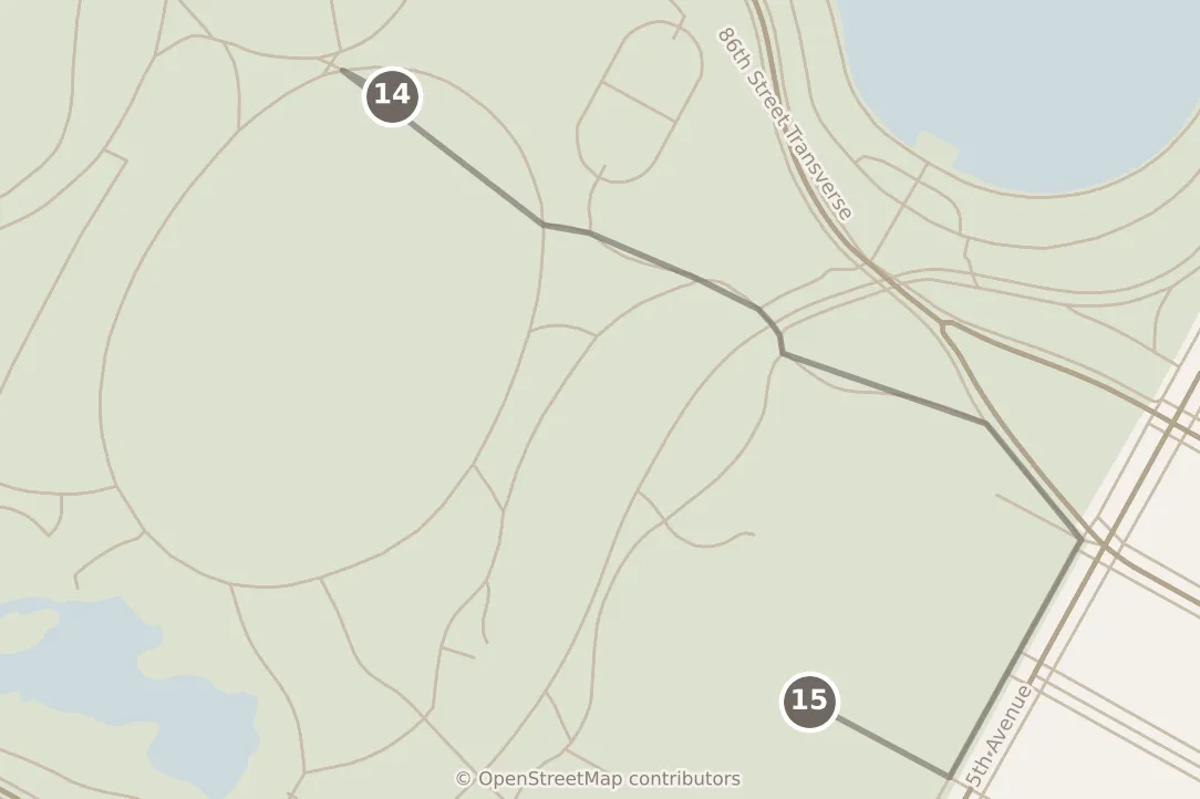 Map of New York City, day four: stops 14–15, numbered in walking order.