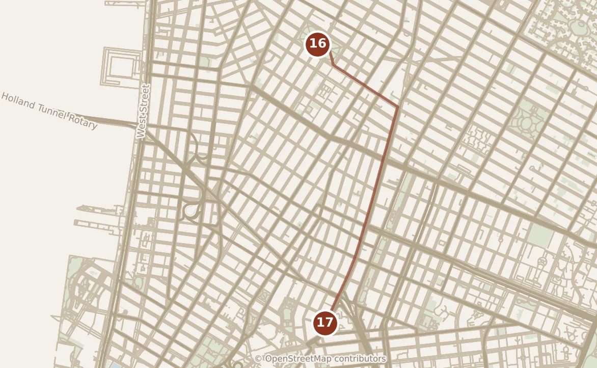 Map of New York City, day five: stops 16–17, numbered in walking order.