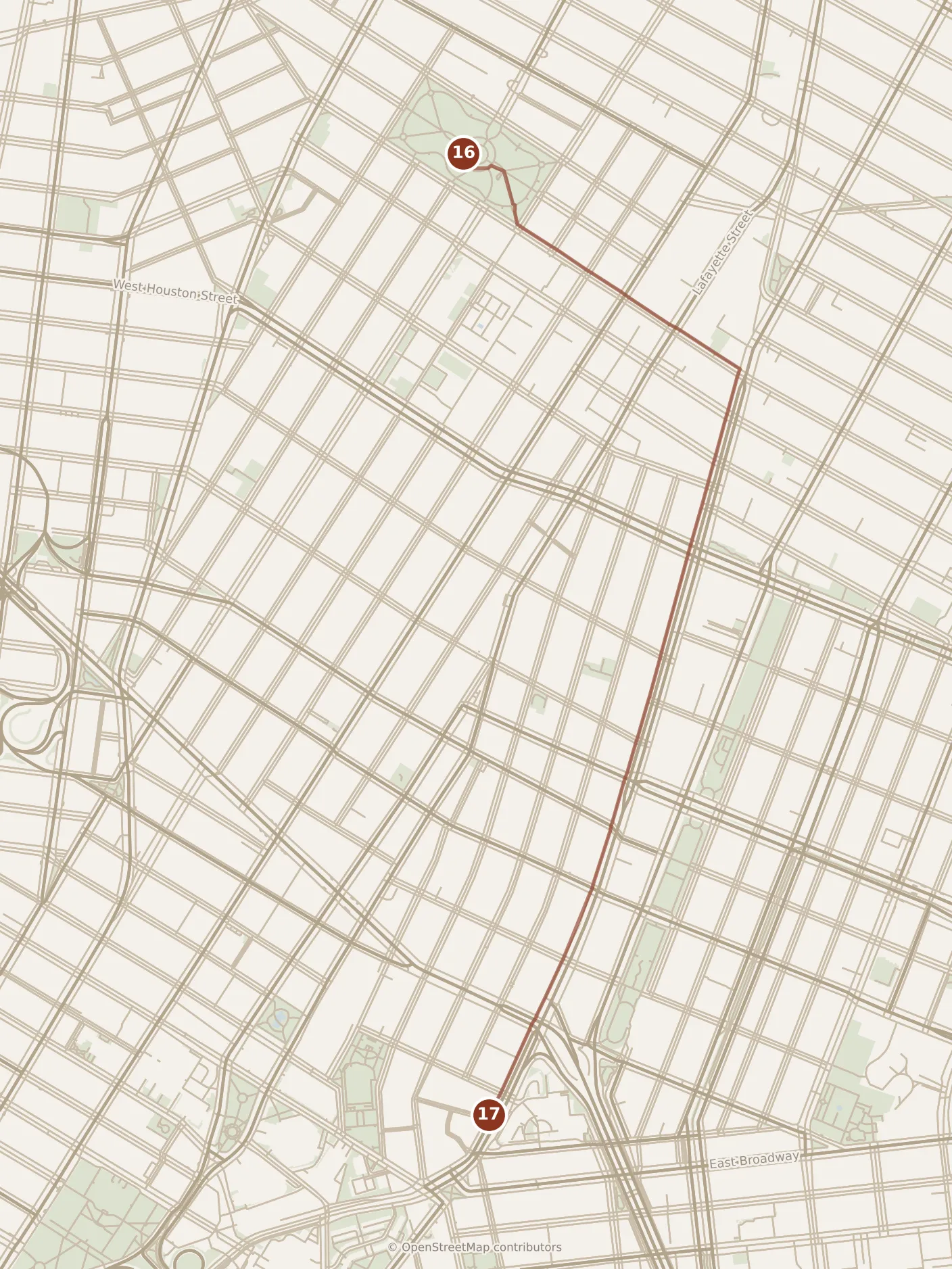 Map of New York City, day five: stops 16–17, numbered in walking order.