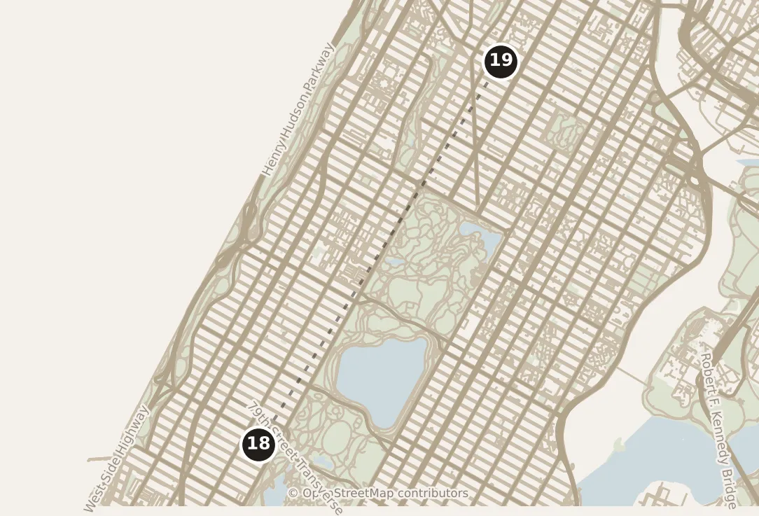 Map of New York City, day six: stops 18–19, numbered in walking order.