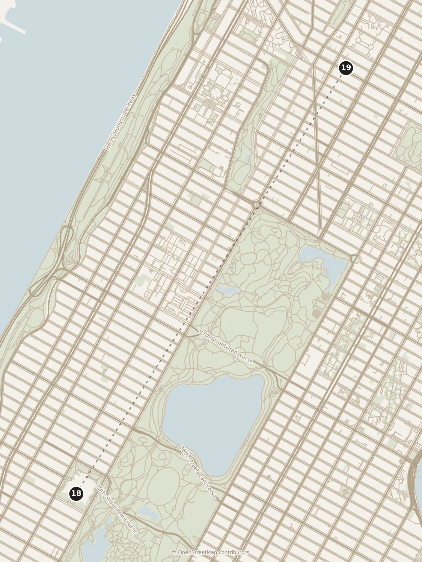 Map of New York City, day six: stops 18–19, numbered in walking order.