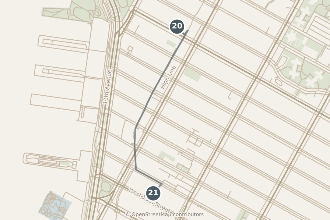 Map of New York City, day seven: stops 20–21, numbered in walking order.