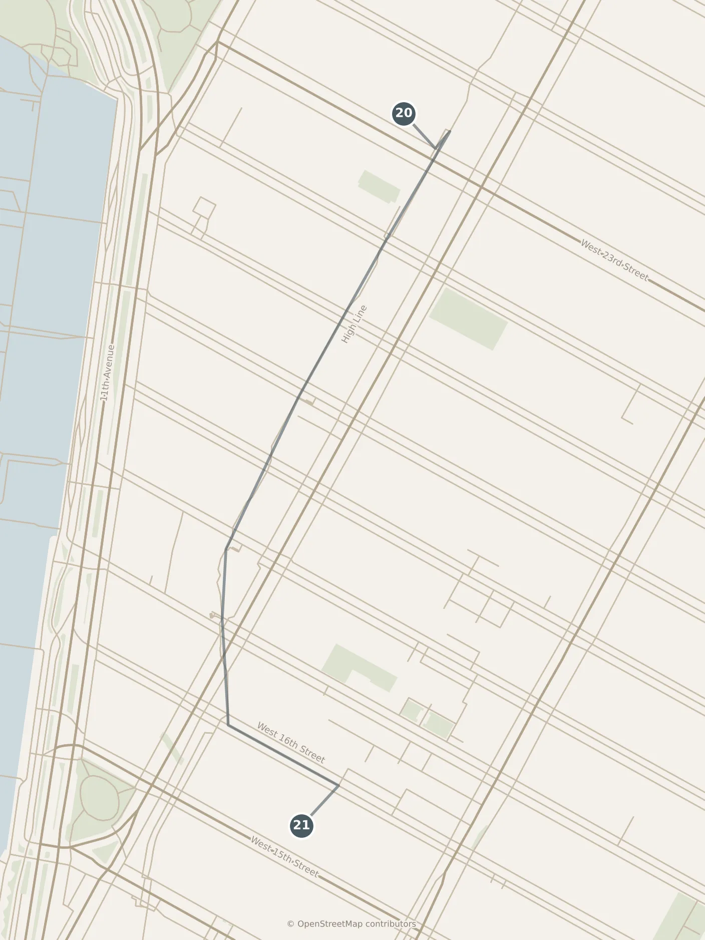 Map of New York City, day seven: stops 20–21, numbered in walking order.