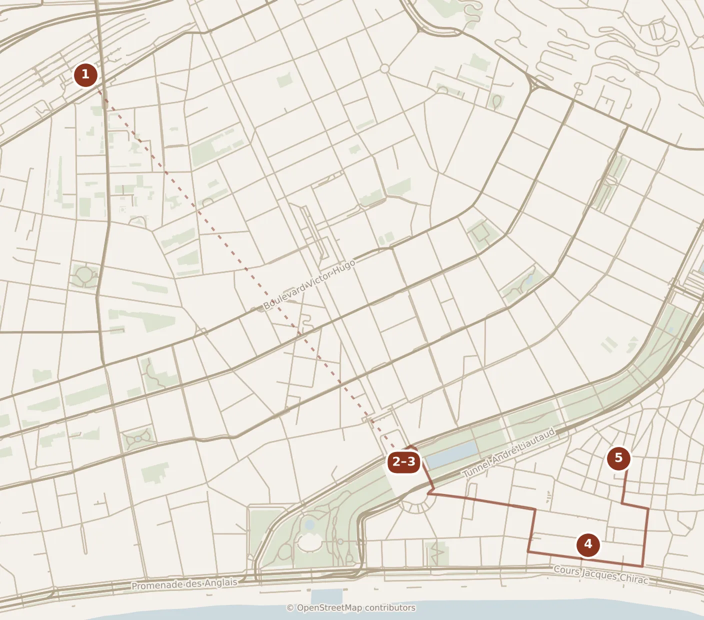 Map of Nice, morning: stops 1–5, numbered in walking order.