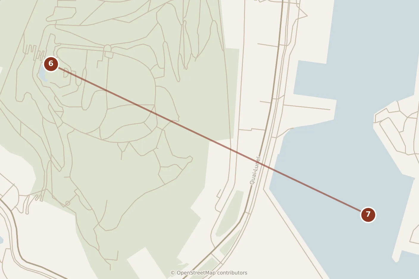 Map of Nice, afternoon: stops 6–7, numbered in walking order.