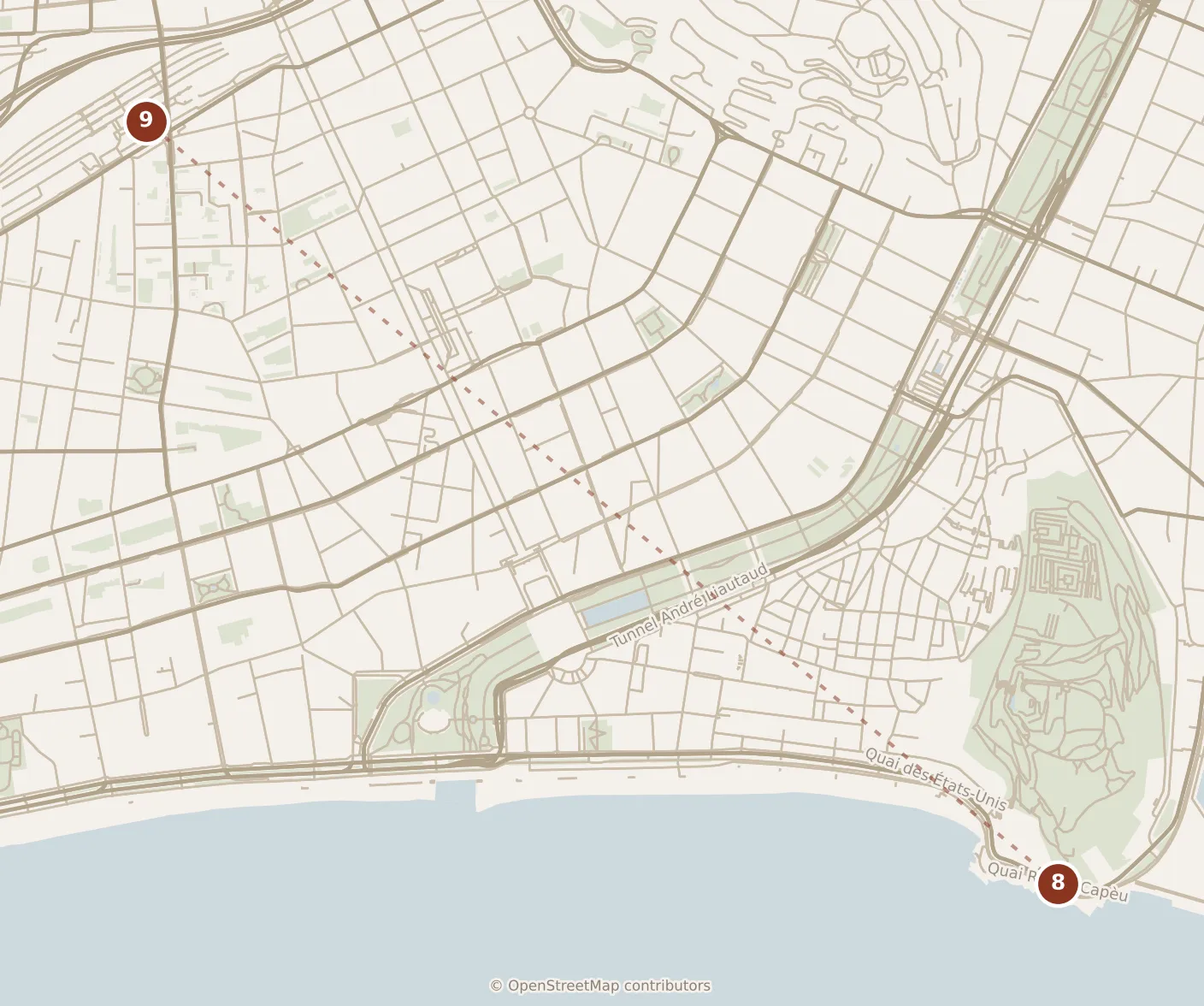 Map of Nice, evening: stops 8–9, numbered in walking order.
