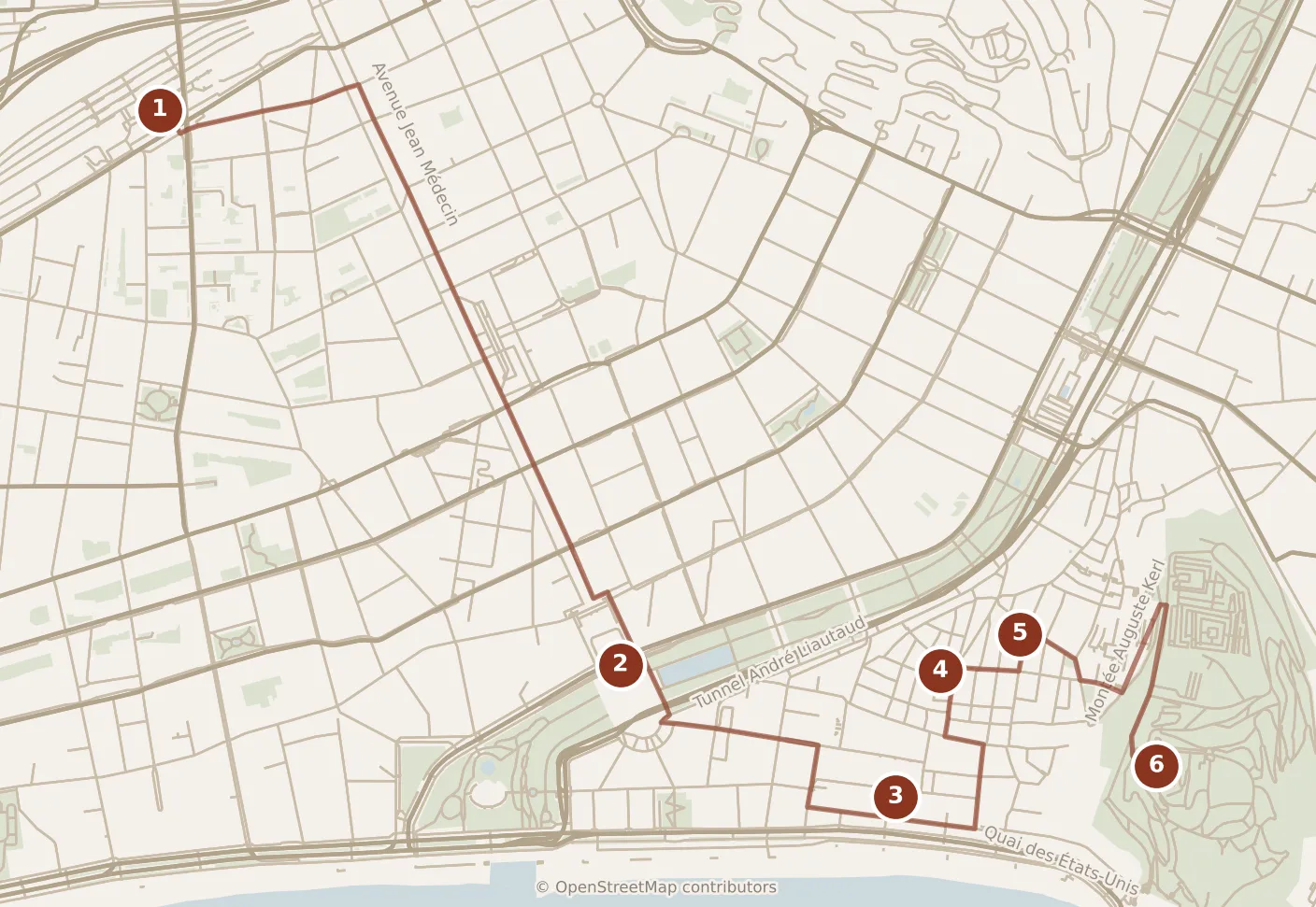 Map of Nice, morning and afternoon: stops 1–6, numbered in walking order.