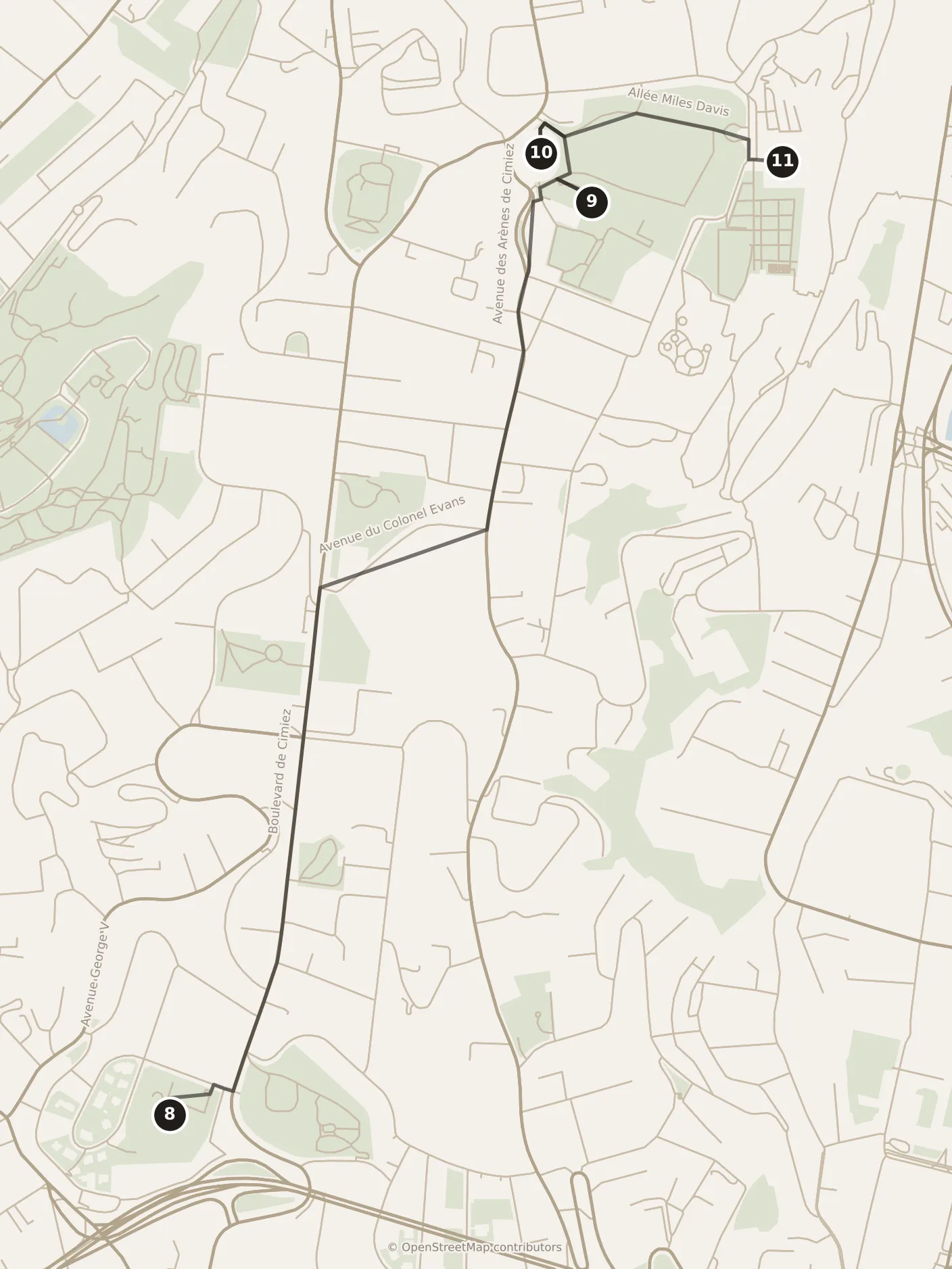 Map of Nice, morning: stops 8–11, numbered in walking order.
