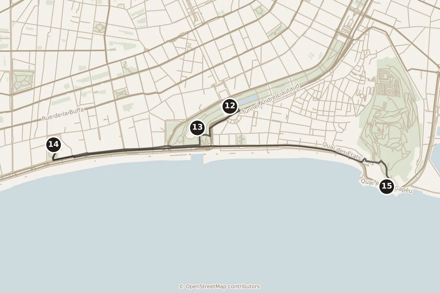Map of Nice, afternoon and evening: stops 12–15, numbered in walking order.