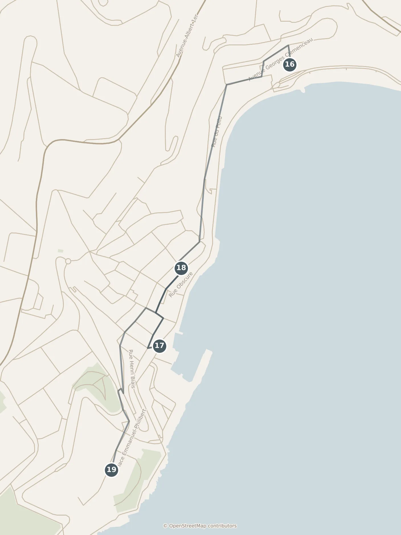 Map of Nice, with a third day: stops 16–19, numbered in walking order.