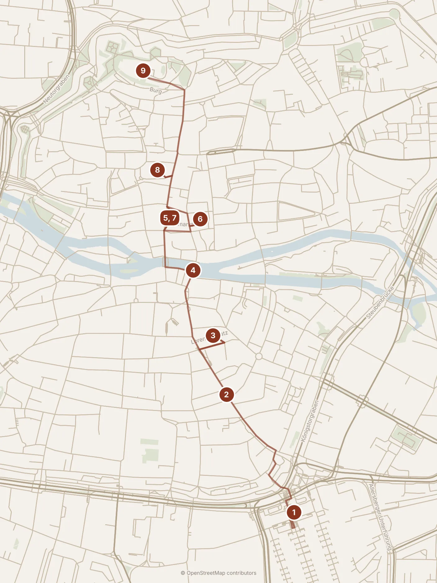 Map of Nuremberg, morning: stops 1–9, numbered in walking order.