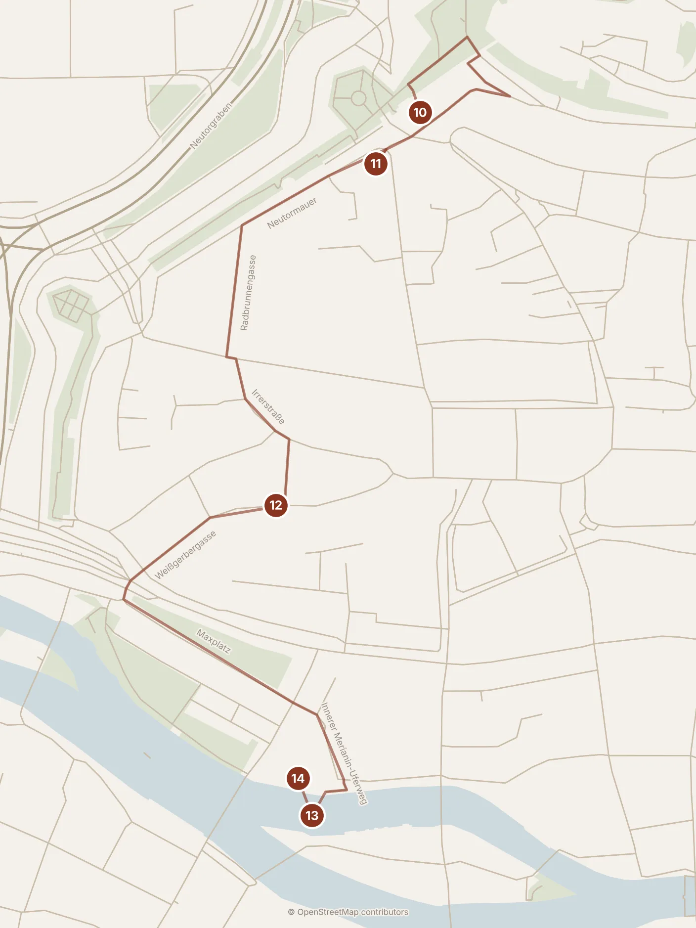 Map of Nuremberg, afternoon: stops 10–14, numbered in walking order.