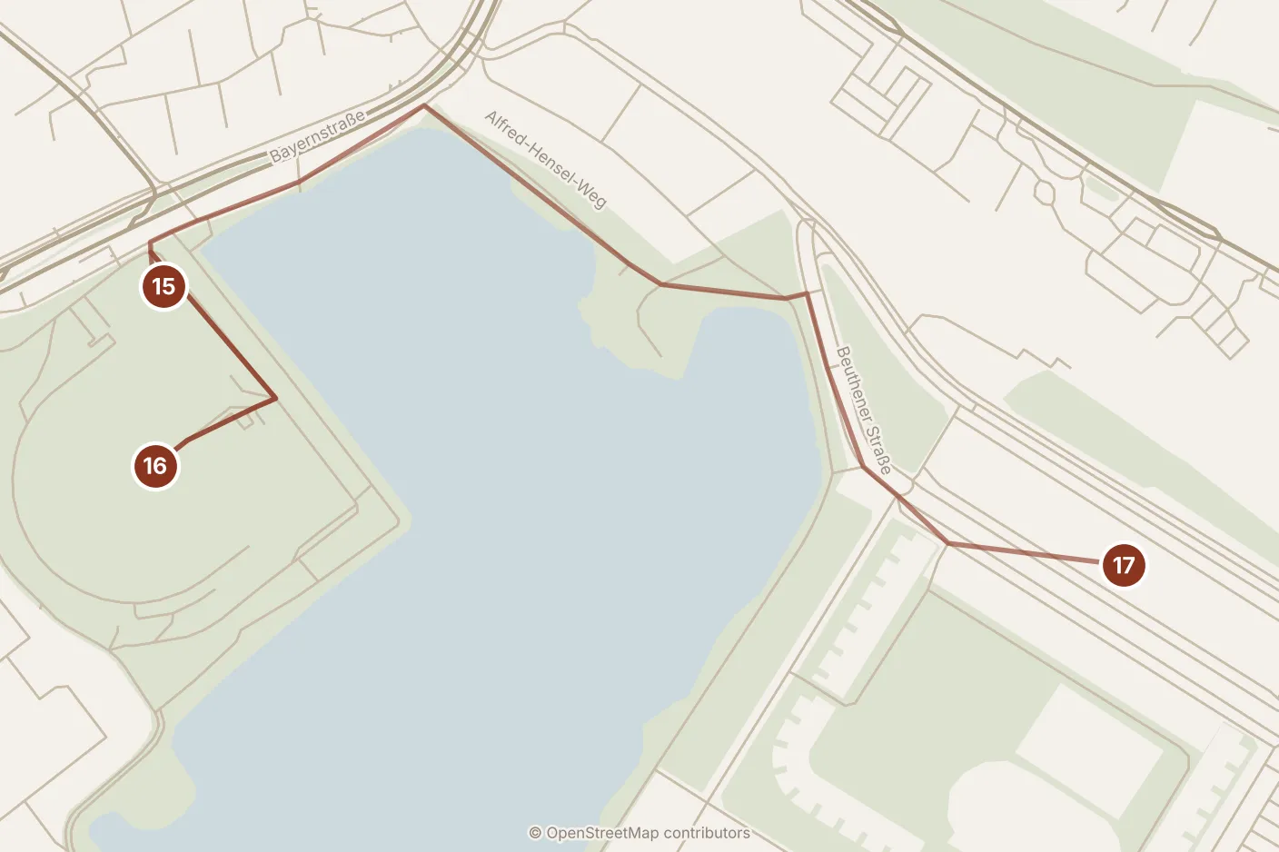 Map of Nuremberg, afternoon: stops 15–17, numbered in walking order.