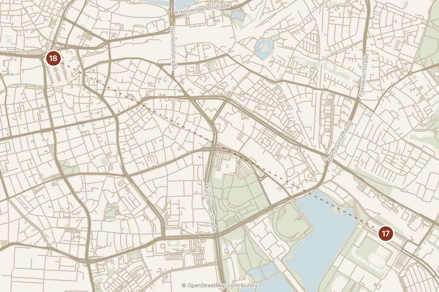 Map of Nuremberg, evening: stop 18, numbered in walking order.